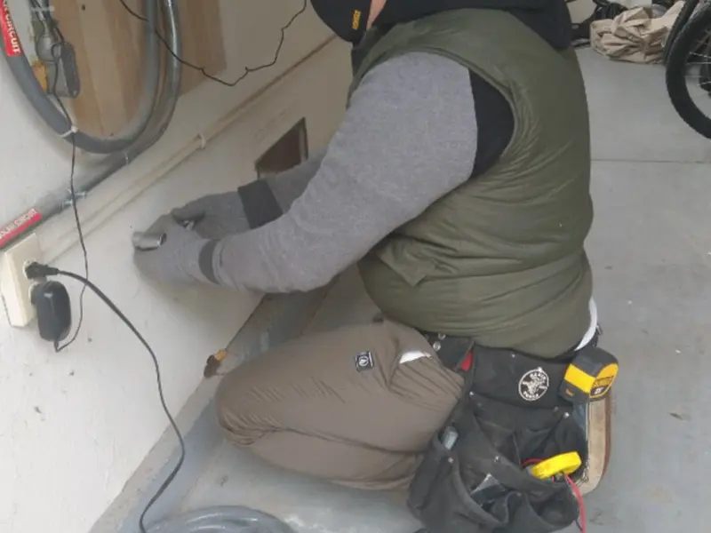 Electrician performing outlet wiring in a Alta Sierra garage